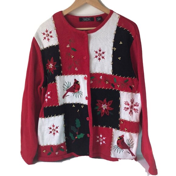 Vtg Crystal-Kobe Cardigan Ugly Sweater Christmas poinsettia embroidered bird L - Picture 1 of 8